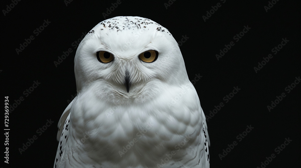 Fototapeta premium A dramatic portrait of a white owl with piercing eyes set against a velvety black background, highlighting its majestic presence