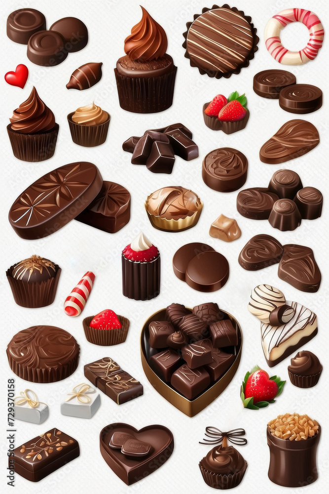Sweet dessert stickers set. Illustration of chocolate, desserts, muffins, sweets, pieces of cake.