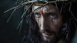 Sacred Suffering: Behold the photorealistic close-up of Jesus Christ adorned with a crown of thorns against a dark backdrop. Witness divine agony.