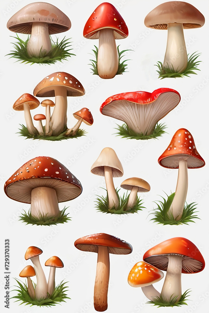 Colored different mushrooms, stickers, isolated on a white background