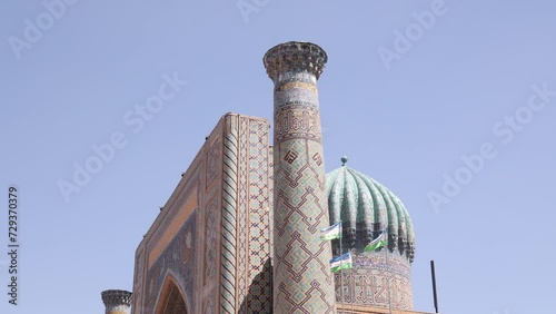 beautiful blue domes on fascade of madrassa in Samarkand, Uzbekistan along the historic Silk Road photo