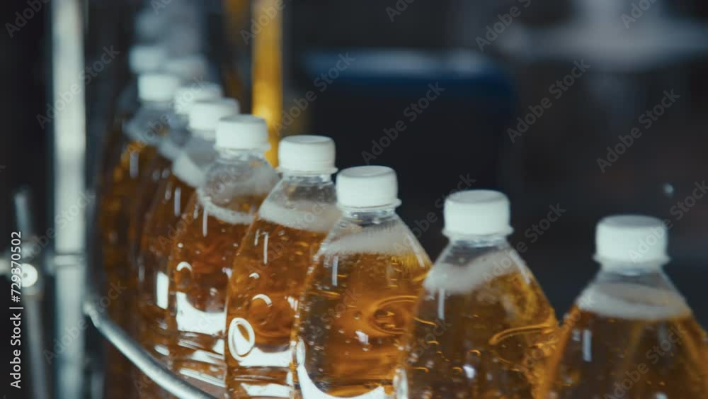 Side closeup of capped plastic bottles of carbonated drink moving along conveyor belt and hand of unrecognizable worker taking one bottle out of production line at beverage factory Side closeup of capped plastic bottles of carbonated drink moving along conveyor belt and hand of unrecognizable worker taking one bottle out of production line at beverage factory