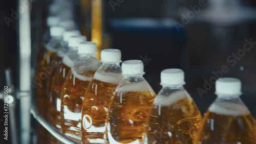 Side closeup of capped plastic bottles of carbonated drink moving along conveyor belt and hand of unrecognizable worker taking one bottle out of production line at beverage factory photo