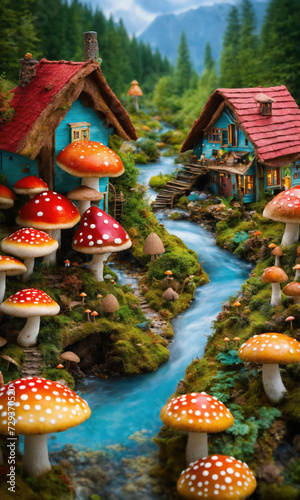 Un mini village avec des champignons dans un monde fantastique  - generative AI