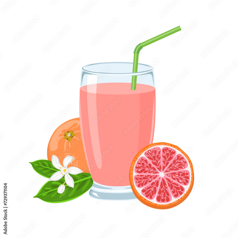 Grapefruit juice in glass isolated on white background. Fresh citrus fruit drink. Vector cartoon illustration. Grapefruit juice in glass isolated on white background. Fresh citrus fruit drink. Vector cartoon illustration.