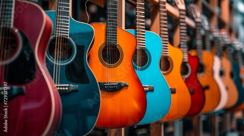 Colorful array of guitars hanging on a wall showcasing musical variety