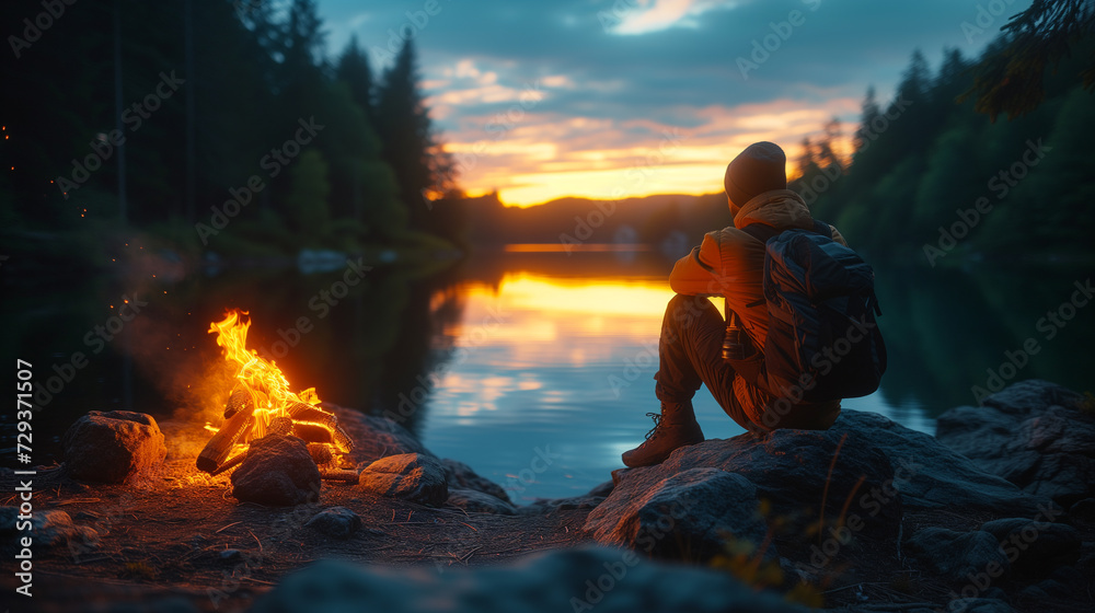 A solitary hiker sits by a campfire, gazing at the reflection of a stunning sunset on a tranquil forest lake.