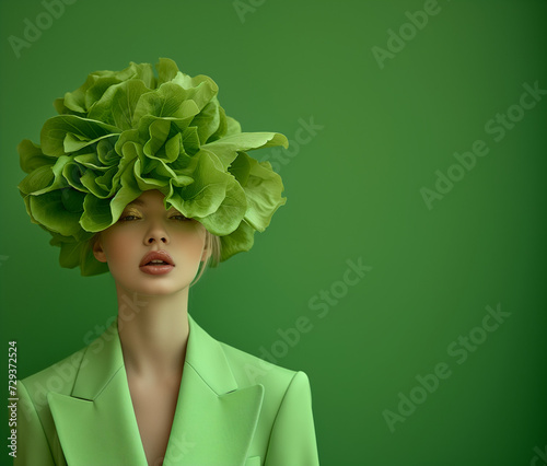 A captivating portrait of a woman adorned with a green lettuce hat, seamlessly blending fashion and nature with a touch of whimsical elegance. Organic fashion statement.