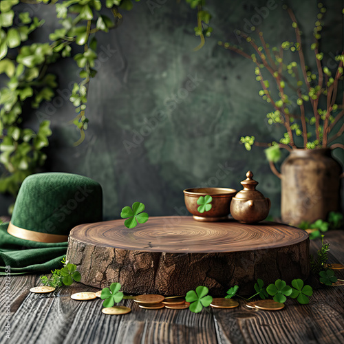Spring table stand display podium background for St. Patrick's Day - AI Generated