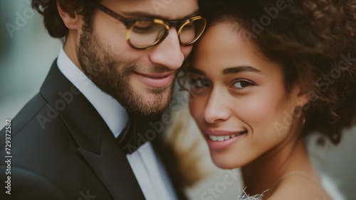 A close-up of a newlywed couple sharing a tender and intimate moment, capturing the essence of love and partnership.