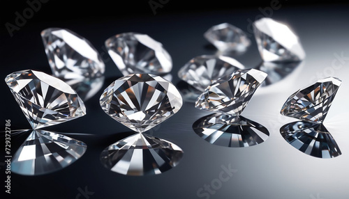 Brilliant cut diamonds sparkle intensely scattered on a reflective surface 11