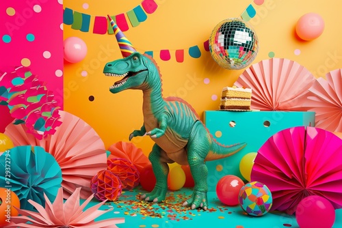 festive birthday scene with mirror ball, cake and dinosaur, party fun