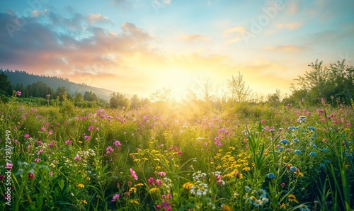 Capturing Serene Sunrise Moments in Tranquil Meadows: Realistic Nature Photography with Prime Lighting and Wildflowers © Soulfla