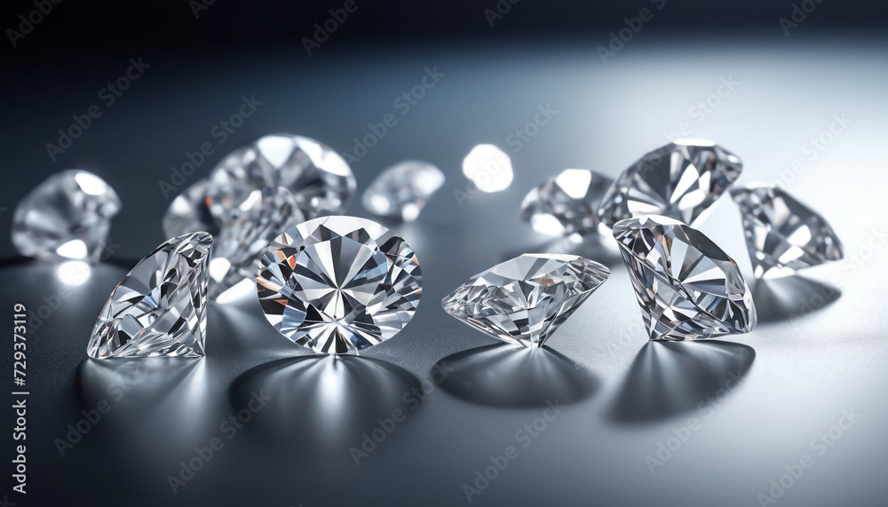 Fototapeta premium Brilliant cut diamonds sparkle intensely scattered on a reflective surface 14