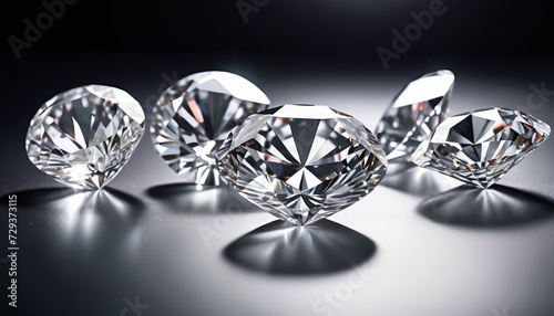 Brilliant cut diamonds sparkle intensely scattered on a reflective surface 13
