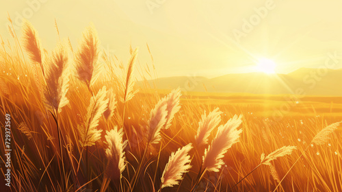 A field of tall grass blowing in the wind at sunset.