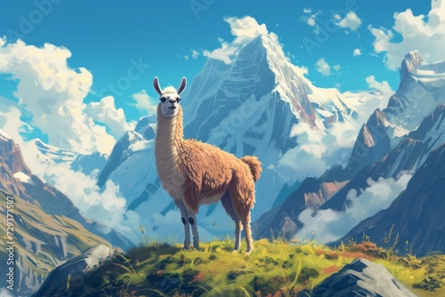 Illustration of cute lama on nature and studio background