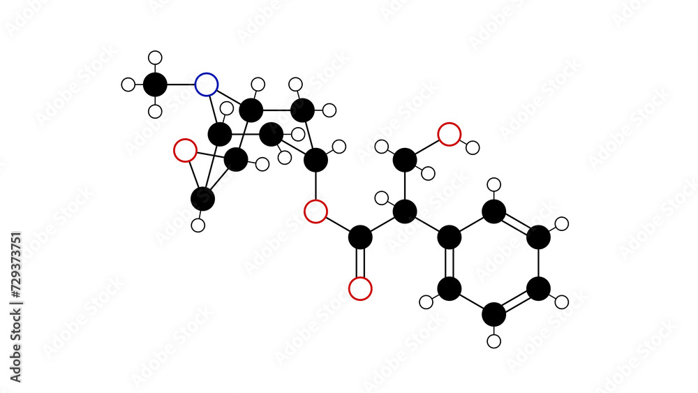 scopolamine molecule, structural chemical formula, ball-and-stick model, isolated image anticholinergic drug