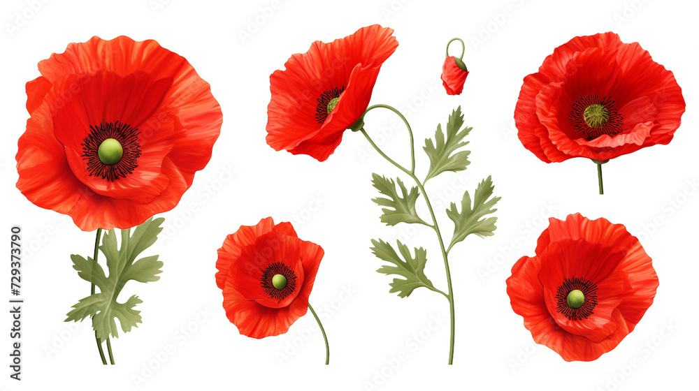 Poppy Collection: Vibrant Flowers, Essential Oil Design Elements, and Delicate Buds for Summer Garden Projects - Isolated on Transparent Background - obrazy, fototapety, plakaty 