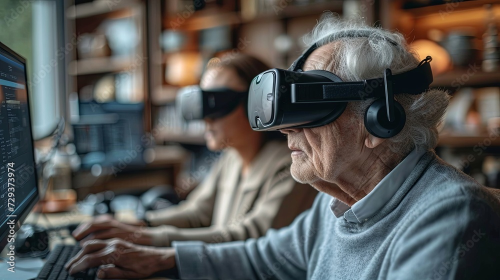group of older adults, wearing VR headsets, are immersed in their respective virtual tours. They are looking at exhibits, listening to audio guides, and interacting with other visitors vr tour concept group of older adults, wearing VR headsets, are immersed in their respective virtual tours. They are looking at exhibits, listening to audio guides, and interacting with other visitors vr tour concept