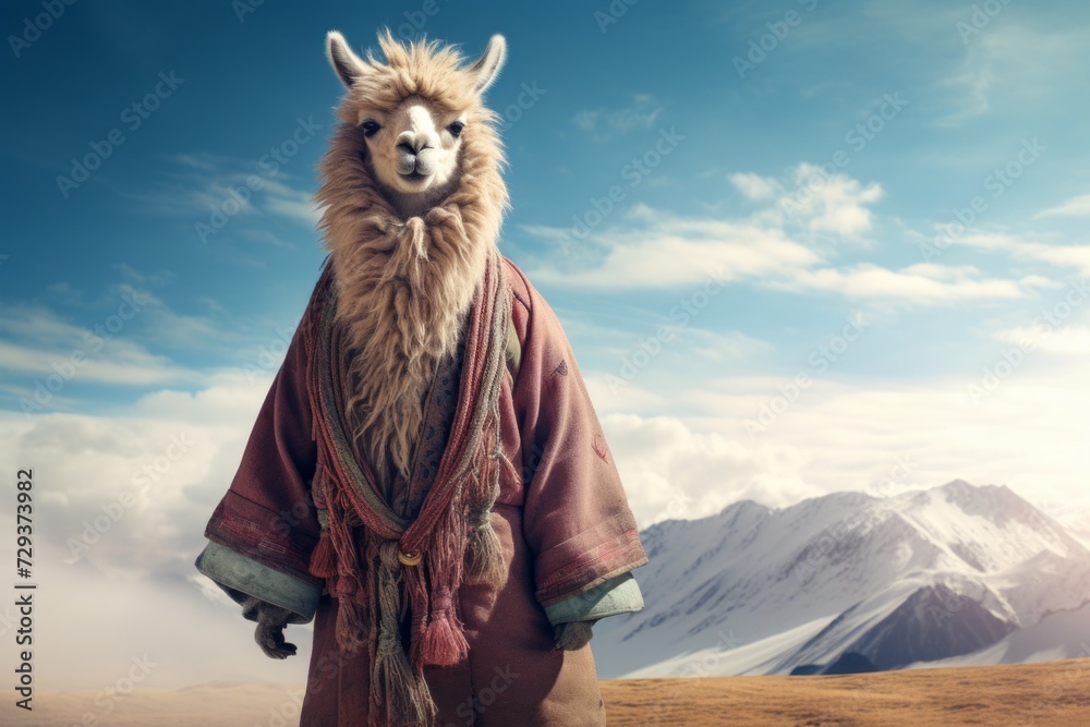 Fototapeta premium Illustration of cute lama on nature and studio background