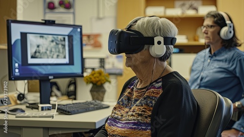 group of older adults, wearing VR headsets, are immersed in their respective virtual tours. They are looking at exhibits, listening to audio guides, and interacting with other visitors vr tour concept