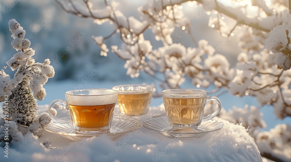 Winter tea time outdoors with clear cups on a snow-covered table
