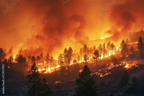 Wildfire Engulfing Forest at Night with Fiery Flames and Smoke Indicating Urgent Environmental Concerns