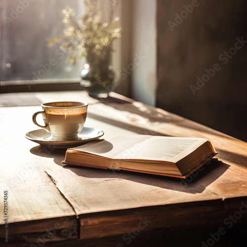 Springtime Coffee and Book Scene on Rustic Wooden Table with Natural Sunlight - Serenity and Simplicity Concept