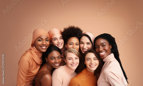 Group of multirasion woman hugging, smailing show white teeth. Frendship, supporting, Mental health and empathy. International Woman's day concept. photo