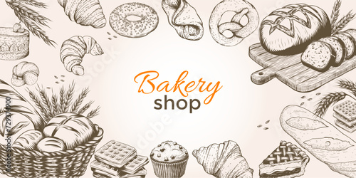 Vintage Bakery shop template banner background with bakery products hand drawn sketch illustration in engraving style. Linear graphic. Bread and pastry collection. Bread house.
