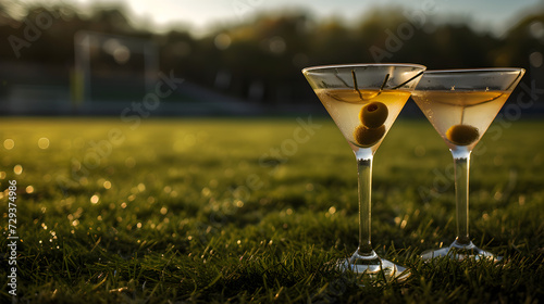 Cinematic wide angle photograph of two martini glasses with an olive at a soccer field. Product photography.