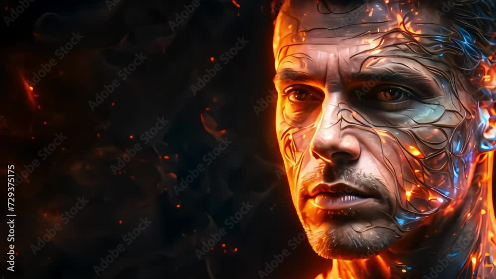 A close-up of the face of a cyber man, glowing electrical pulses pass through his skin, creating a feeling of shine on the face. Generative AI A close-up of the face of a cyber man, glowing electrical pulses pass through his skin, creating a feeling of shine on the face. Generative AI