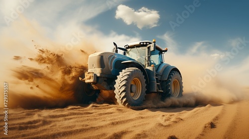 Hand sowing seeds in vast field with warm cinematic lighting and blurred tractor in background photo