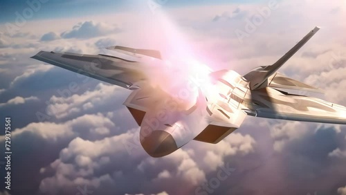 A training combat aircraft, a gray exterminator, soaring in the clouds, shimmering under the bright rays of the sun. Generative AI photo