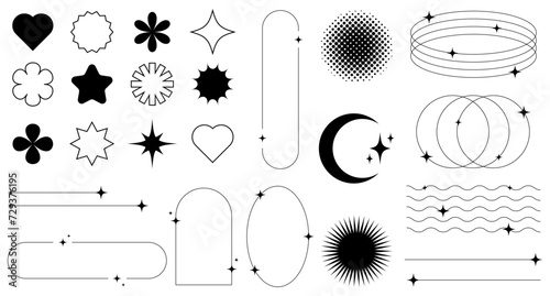 Set of abstract retro futuristic elements and shapes and aesthetic line frames boho, brutalism, Y2K style.Geometric elements with sparkles for template social media, poster, banner, logo, stickers