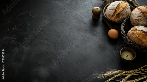 top view flat lay bread, egg and candle on a black background with copy space for Holy week Maundy Thursday - AI Generated  photo
