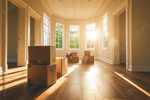 An empty room filled with bright light, strategically arranged moving boxes for a seamless and organized transition