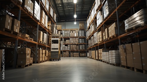 A bright storage space featuring a pallet of boxes, tall shelves, and a highlighted trolley for an organized and efficient storage solution