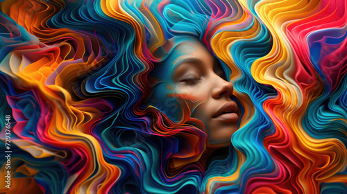 Illustration, a woman dissolves in colored waves. Disappears in the geometric pattern of the rainbow color