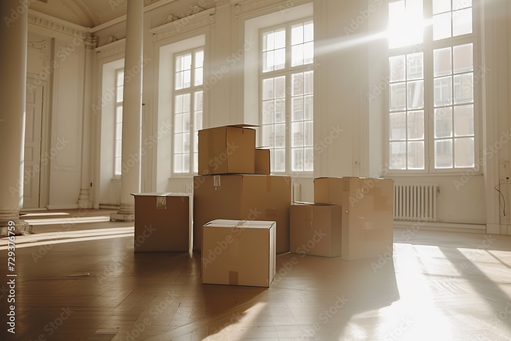 Well-lit room creating the perfect atmosphere for a transition, featuring thoughtfully arranged moving boxes for an efficient and hassle-free move Well-lit room creating the perfect atmosphere for a transition, featuring thoughtfully arranged moving boxes for an efficient and hassle-free move