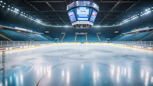 A professional hockey field, an ice arena illuminated by bright spotlights. Generative AI photo