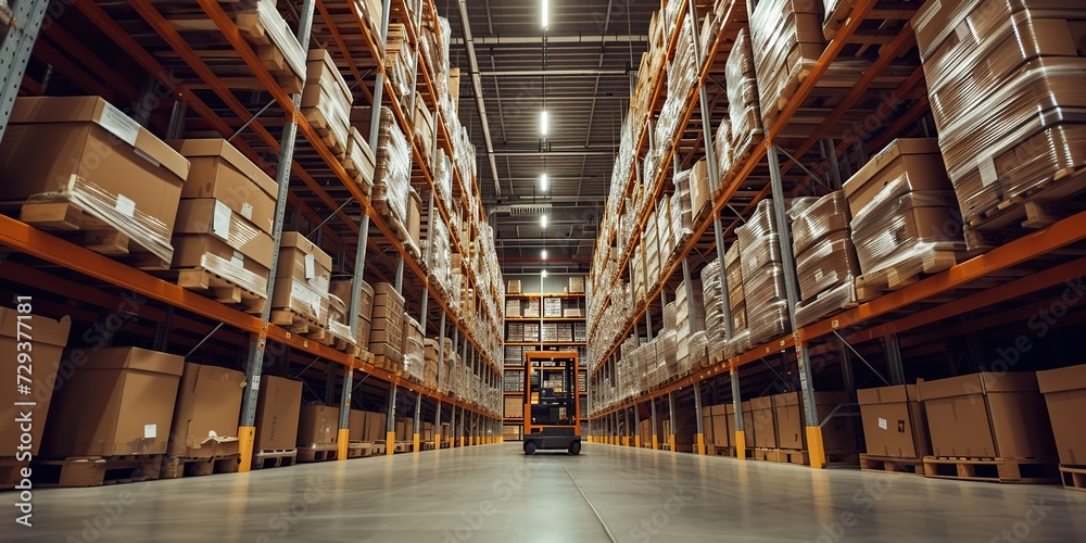 Fototapeta premium The brilliance of a warehouse with a pallet of boxes and tall shelves is elevated as a trolley becomes the focal point, creating a new and captivating dimension