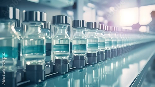 A large production of a pharmaceutical company, a conveyor belt on which small transparent bottles with medicines and vaccines move. Generative AI