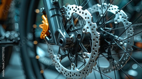 Essential Component: Grey Metal Brake Disc and Pads on Road Bike