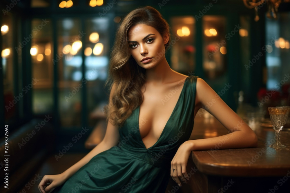 Elegant Woman in Green Dress at Bar. Generative AI
