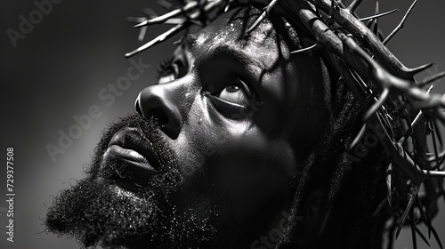 Sacred Savior  Witness the powerful black and white close-up portrait of Jesus Christ adorned with a crown of thorns. Experience divine presence.