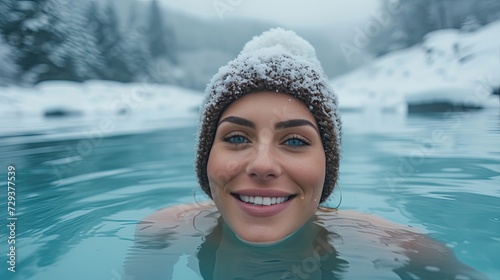Winter Serenity: Happy Adult Woman Swimming in a Snowy Lake   © hisilly