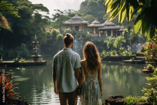 Tourist Couple Exploring Traditional Balinese Temple. Generative AI