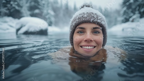 Winter Serenity: Happy Adult Woman Swimming in a Snowy Lake   © hisilly